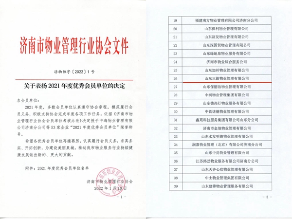 雙倍榮譽！山東三箭物業(yè)管理有限公司榮獲物業(yè)協(xié)會 “年度優(yōu)秀會員單位”